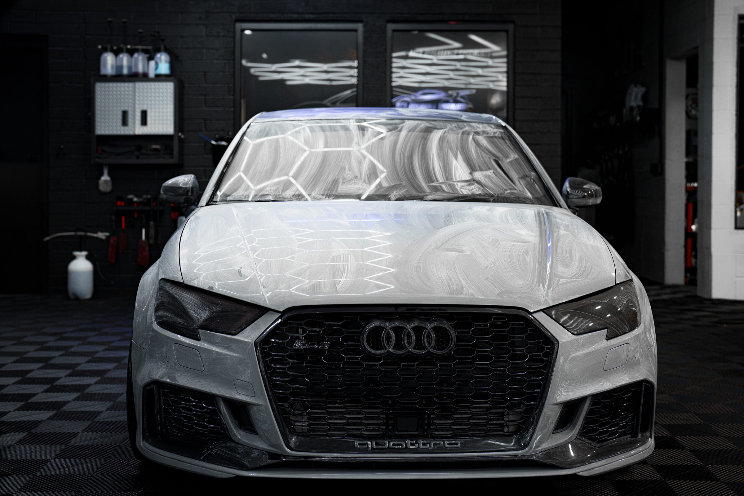 Fireball Installers prepare to coat an Audi RS3 Quattro with Fireball Ceramic Coatings